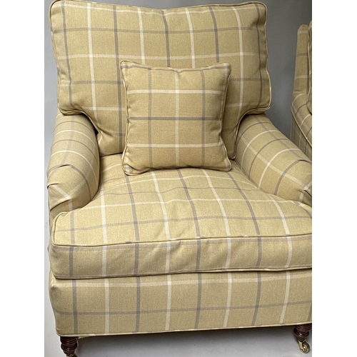 512 - ARMCHAIRS, a pair, Howard style in ochre ground check fabric and turned supports. 86cm W (2)