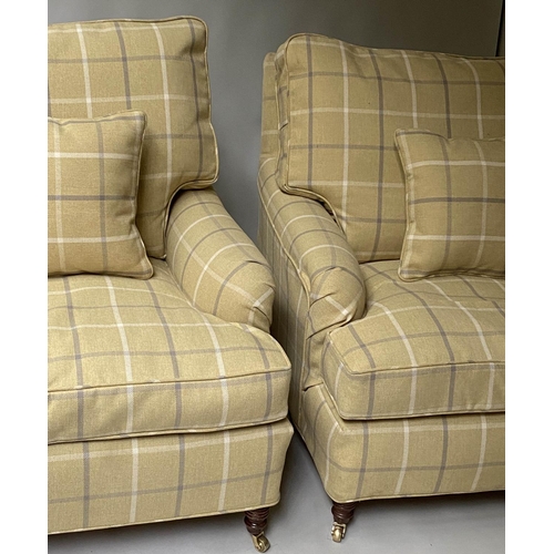 512 - ARMCHAIRS, a pair, Howard style in ochre ground check fabric and turned supports. 86cm W (2)