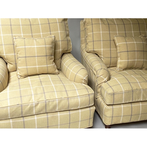 512 - ARMCHAIRS, a pair, Howard style in ochre ground check fabric and turned supports. 86cm W (2)