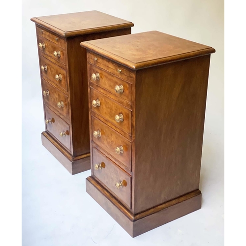 513 - BEDSIDE CHESTS, a pair, 19th century style burr walnut and crossbanded each with a brushing slide an... 