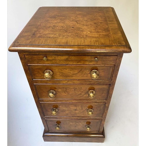 513 - BEDSIDE CHESTS, a pair, 19th century style burr walnut and crossbanded each with a brushing slide an... 