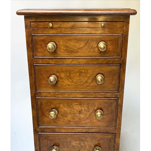 513 - BEDSIDE CHESTS, a pair, 19th century style burr walnut and crossbanded each with a brushing slide an... 