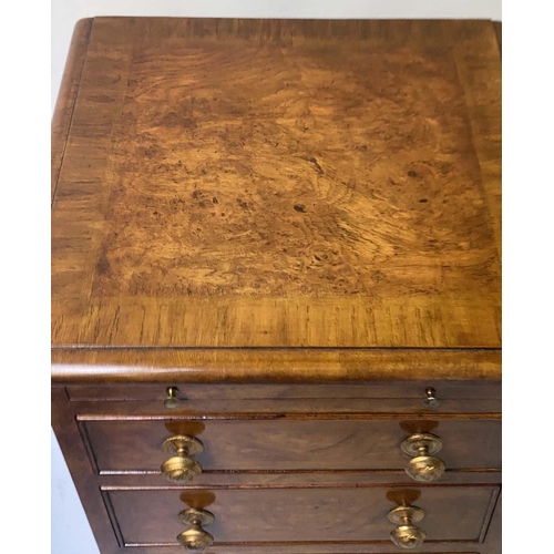 513 - BEDSIDE CHESTS, a pair, 19th century style burr walnut and crossbanded each with a brushing slide an... 