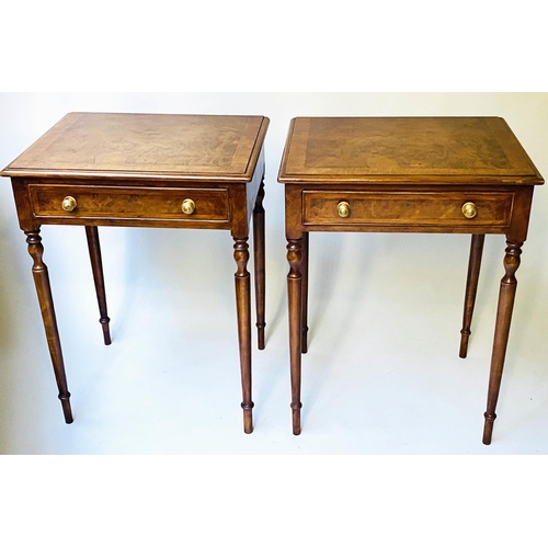 516 - LAMP TABLES, a pair, George III style burr walnut and crossbanded each with a frieze drawer, 58cm x ... 