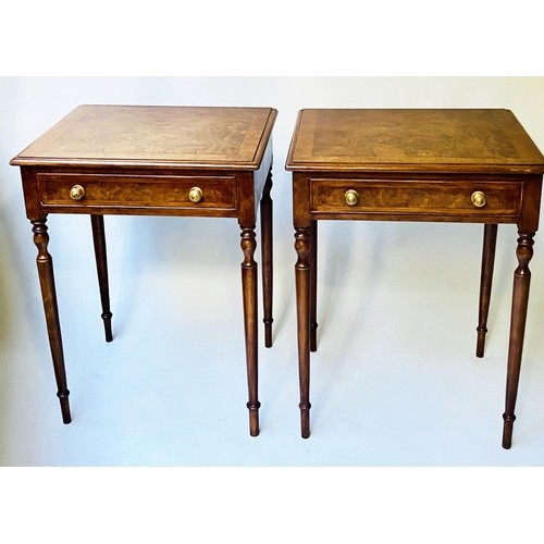 516 - LAMP TABLES, a pair, George III style burr walnut and crossbanded each with a frieze drawer, 58cm x ... 