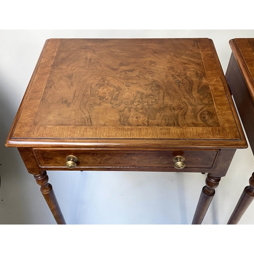 516 - LAMP TABLES, a pair, George III style burr walnut and crossbanded each with a frieze drawer, 58cm x ... 