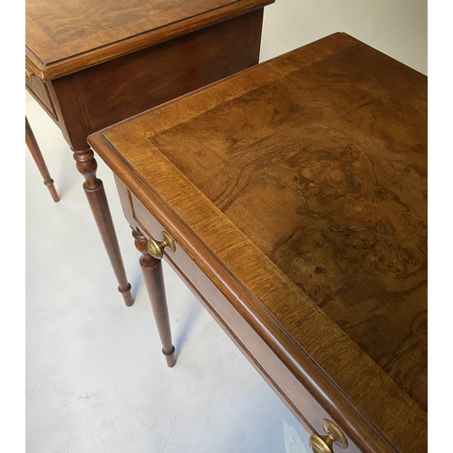 516 - LAMP TABLES, a pair, George III style burr walnut and crossbanded each with a frieze drawer, 58cm x ... 