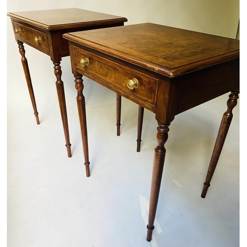 516 - LAMP TABLES, a pair, George III style burr walnut and crossbanded each with a frieze drawer, 58cm x ... 