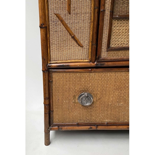 492 - VICTORIAN BAMBOO WARDROBE, bamboo framed and wicker panelled enclosing hanging space above a long dr... 