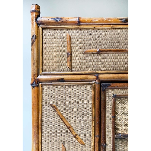 492 - VICTORIAN BAMBOO WARDROBE, bamboo framed and wicker panelled enclosing hanging space above a long dr... 