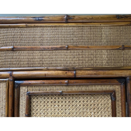 492 - VICTORIAN BAMBOO WARDROBE, bamboo framed and wicker panelled enclosing hanging space above a long dr... 