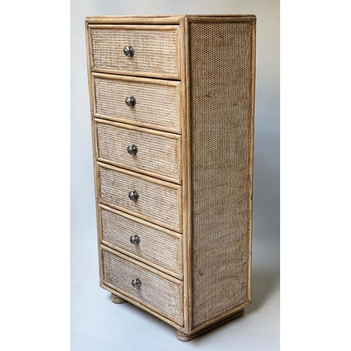 504 - TALL CHEST, rattan and cane panelled with six drawers, 50cm x 31cm x 103cm H.