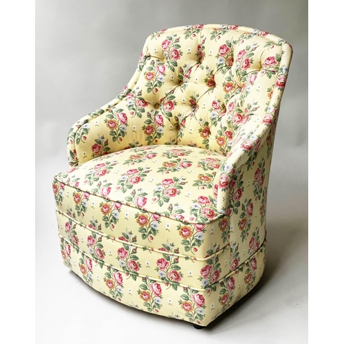 486 - ARMCHAIR, bow back arched tub form with primrose yellow buttoned upholstery, 61cm W.