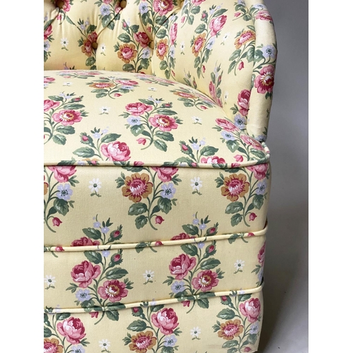 486 - ARMCHAIR, bow back arched tub form with primrose yellow buttoned upholstery, 61cm W.