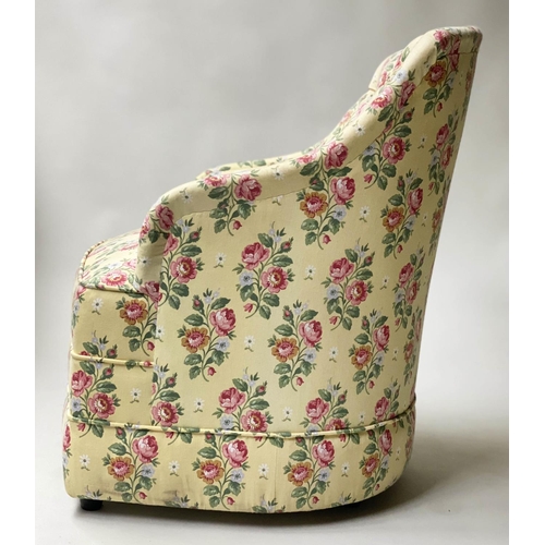 486 - ARMCHAIR, bow back arched tub form with primrose yellow buttoned upholstery, 61cm W.