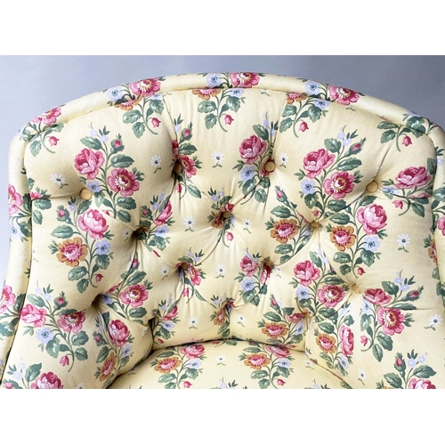 486 - ARMCHAIR, bow back arched tub form with primrose yellow buttoned upholstery, 61cm W.