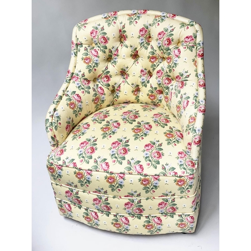 486 - ARMCHAIR, bow back arched tub form with primrose yellow buttoned upholstery, 61cm W.