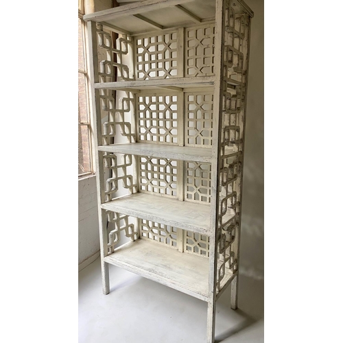 487 - TALL SHELVES, a set of grey painted Chinese influence with four shelves and mosaic and lattice suppo... 