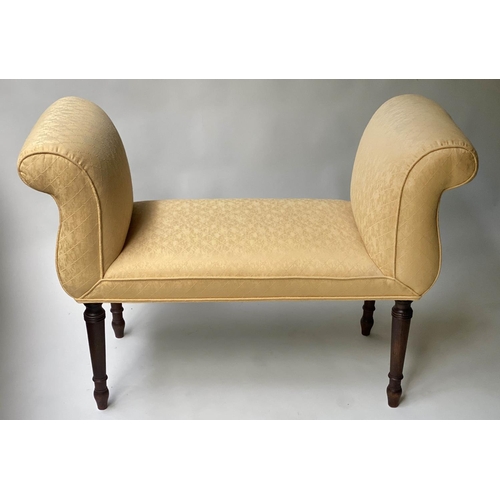 488 - WINDOW SEAT, Regency style mahogany with raised arms, turned supports and yellow trellis woven uphol... 