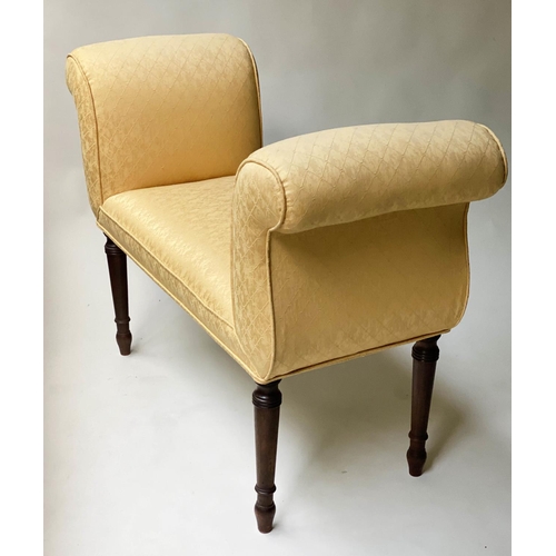 488 - WINDOW SEAT, Regency style mahogany with raised arms, turned supports and yellow trellis woven uphol... 