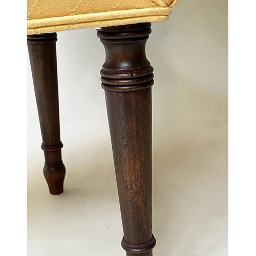 488 - WINDOW SEAT, Regency style mahogany with raised arms, turned supports and yellow trellis woven uphol... 