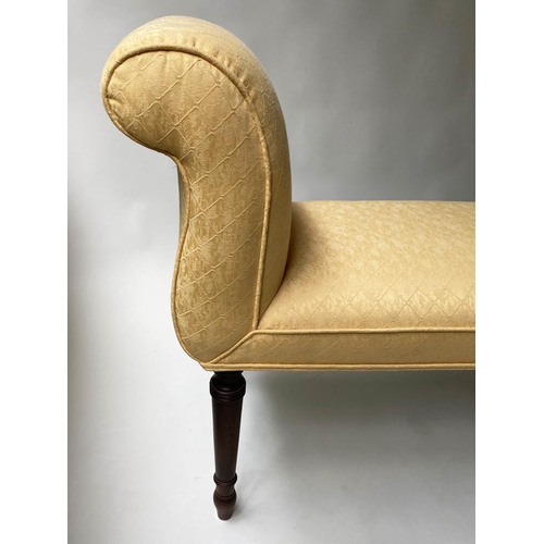 488 - WINDOW SEAT, Regency style mahogany with raised arms, turned supports and yellow trellis woven uphol... 