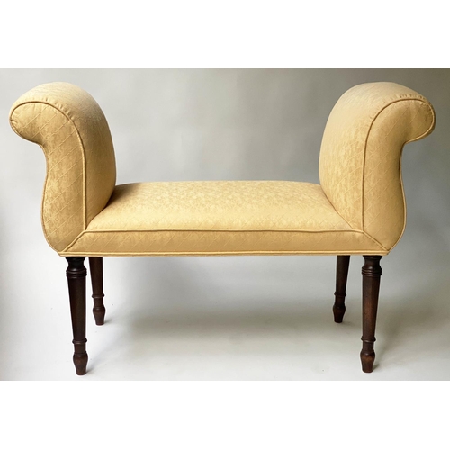 488 - WINDOW SEAT, Regency style mahogany with raised arms, turned supports and yellow trellis woven uphol... 