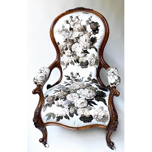 489 - ARMCHAIR, 19th century walnut, showframe carved, with buttoned autumnal rose white cotton upholstery... 