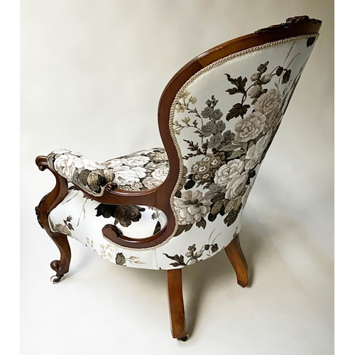 489 - ARMCHAIR, 19th century walnut, showframe carved, with buttoned autumnal rose white cotton upholstery... 