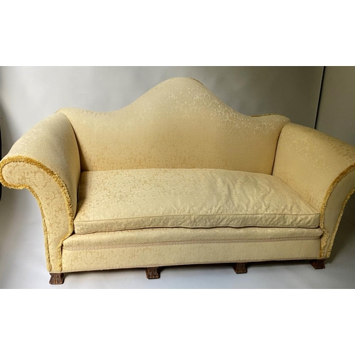 490 - SOFA, Early 20th century, yellow silk damask, with hump back and walnut 'Braganza' style feet, 212cm... 