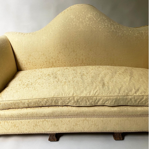 490 - SOFA, Early 20th century, yellow silk damask, with hump back and walnut 'Braganza' style feet, 212cm... 