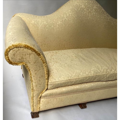 490 - SOFA, Early 20th century, yellow silk damask, with hump back and walnut 'Braganza' style feet, 212cm... 