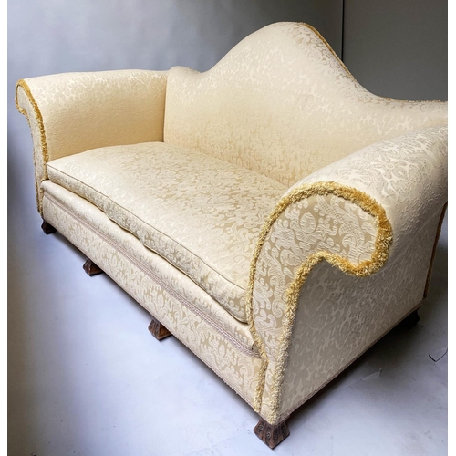 490 - SOFA, Early 20th century, yellow silk damask, with hump back and walnut 'Braganza' style feet, 212cm... 