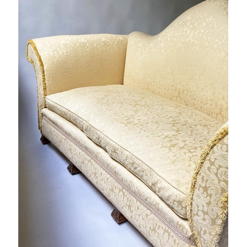 490 - SOFA, Early 20th century, yellow silk damask, with hump back and walnut 'Braganza' style feet, 212cm... 