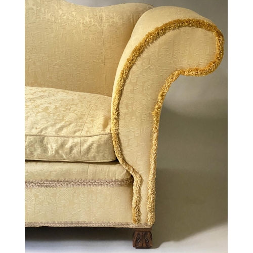 490 - SOFA, Early 20th century, yellow silk damask, with hump back and walnut 'Braganza' style feet, 212cm... 