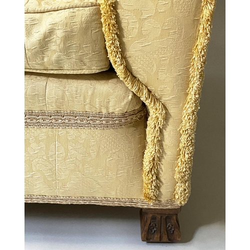 490 - SOFA, Early 20th century, yellow silk damask, with hump back and walnut 'Braganza' style feet, 212cm... 