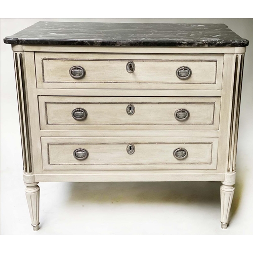 491 - COMMODE, 19th century French Directoire style, grey painted and silvered metal mounted, with three l... 