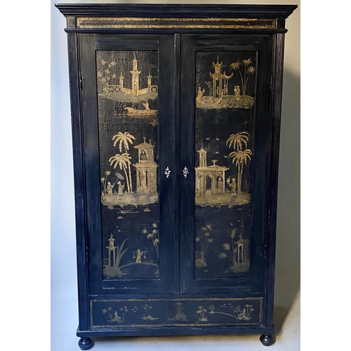 480 - CHINOISERIE WARDROBE, 19th century black lacquered and Chinoiserie panelled with two doors enclosing... 