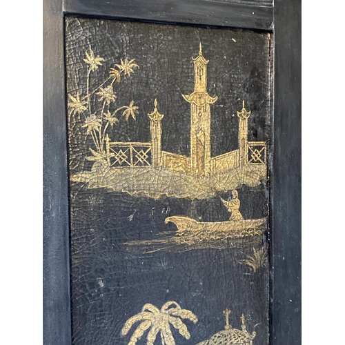 480 - CHINOISERIE WARDROBE, 19th century black lacquered and Chinoiserie panelled with two doors enclosing... 