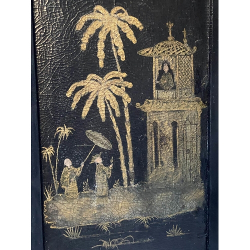 480 - CHINOISERIE WARDROBE, 19th century black lacquered and Chinoiserie panelled with two doors enclosing... 