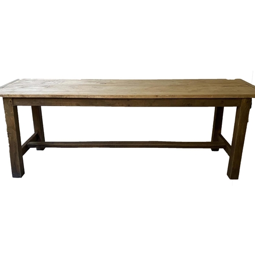 482 - FARMHOUSE TABLE, 19th century French cherrywood with three planks, cleated top, 222cm W x 67cm D x 7... 