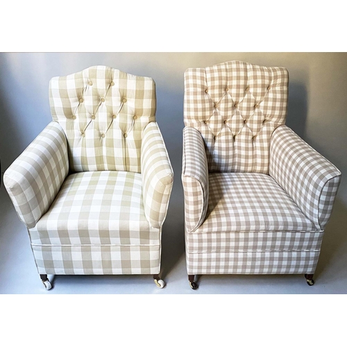 485 - ARMCHAIRS, two, both early 20th century English and both in taupe check cotton upholstery, 70cm W an... 