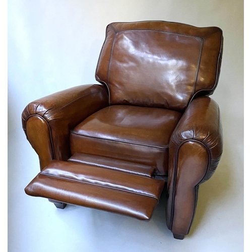 468 - RECLINING ARMCHAIR, American stitched tan leather reclining with foldout footrest, 95cm W.