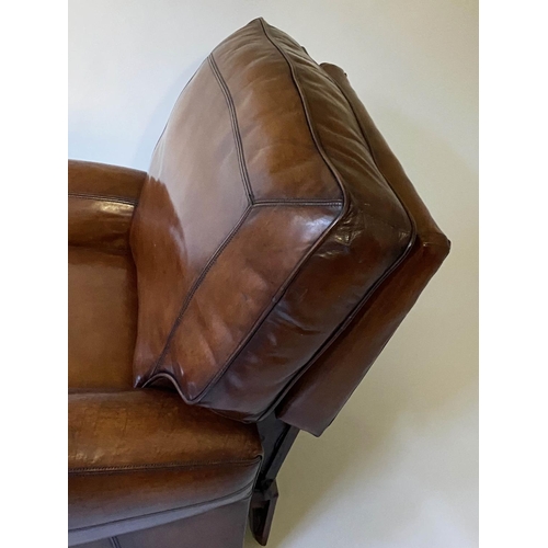 468 - RECLINING ARMCHAIR, American stitched tan leather reclining with foldout footrest, 95cm W.