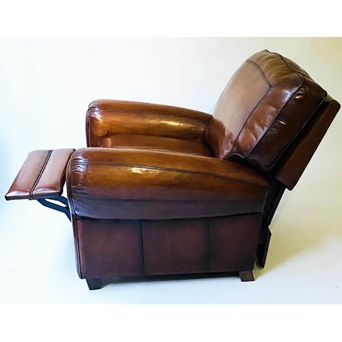 468 - RECLINING ARMCHAIR, American stitched tan leather reclining with foldout footrest, 95cm W.