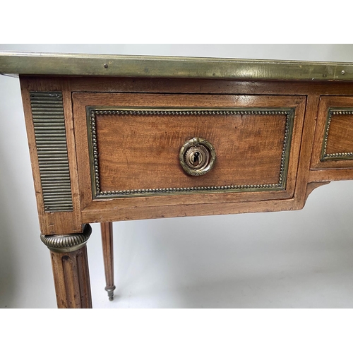 470 - BUREAU PLAT, 19th century French Directoire, mahogany and brass mounted, with three frieze drawers a... 