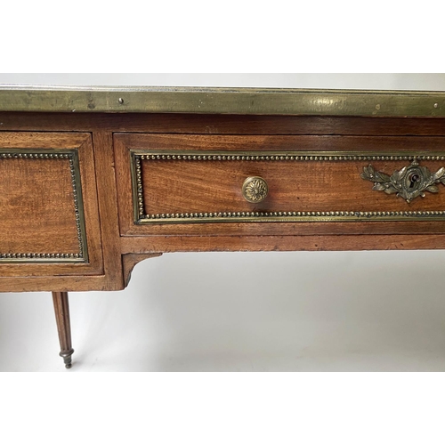 470 - BUREAU PLAT, 19th century French Directoire, mahogany and brass mounted, with three frieze drawers a... 