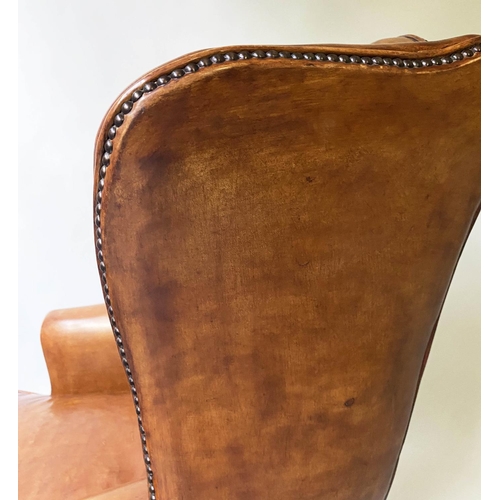 471 - WING ARMCHAIR, George III design, in studded natural hide, with stretchered supports, 80cm W.