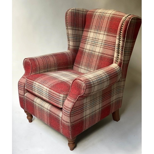 473 - WING ARMCHAIRS, a companion pair, studded woven tartan on turned feet with ottoman footstool, chairs... 