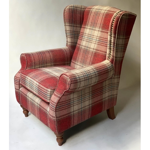 473 - WING ARMCHAIRS, a companion pair, studded woven tartan on turned feet with ottoman footstool, chairs... 